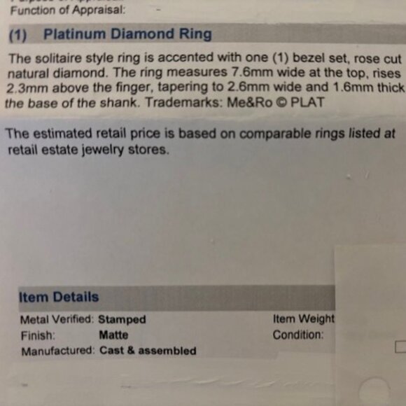 Me & Ro Platinum and Rose Cut Natural Diamond Ring Bezel Set .37 ctw - Picture 9 of 9